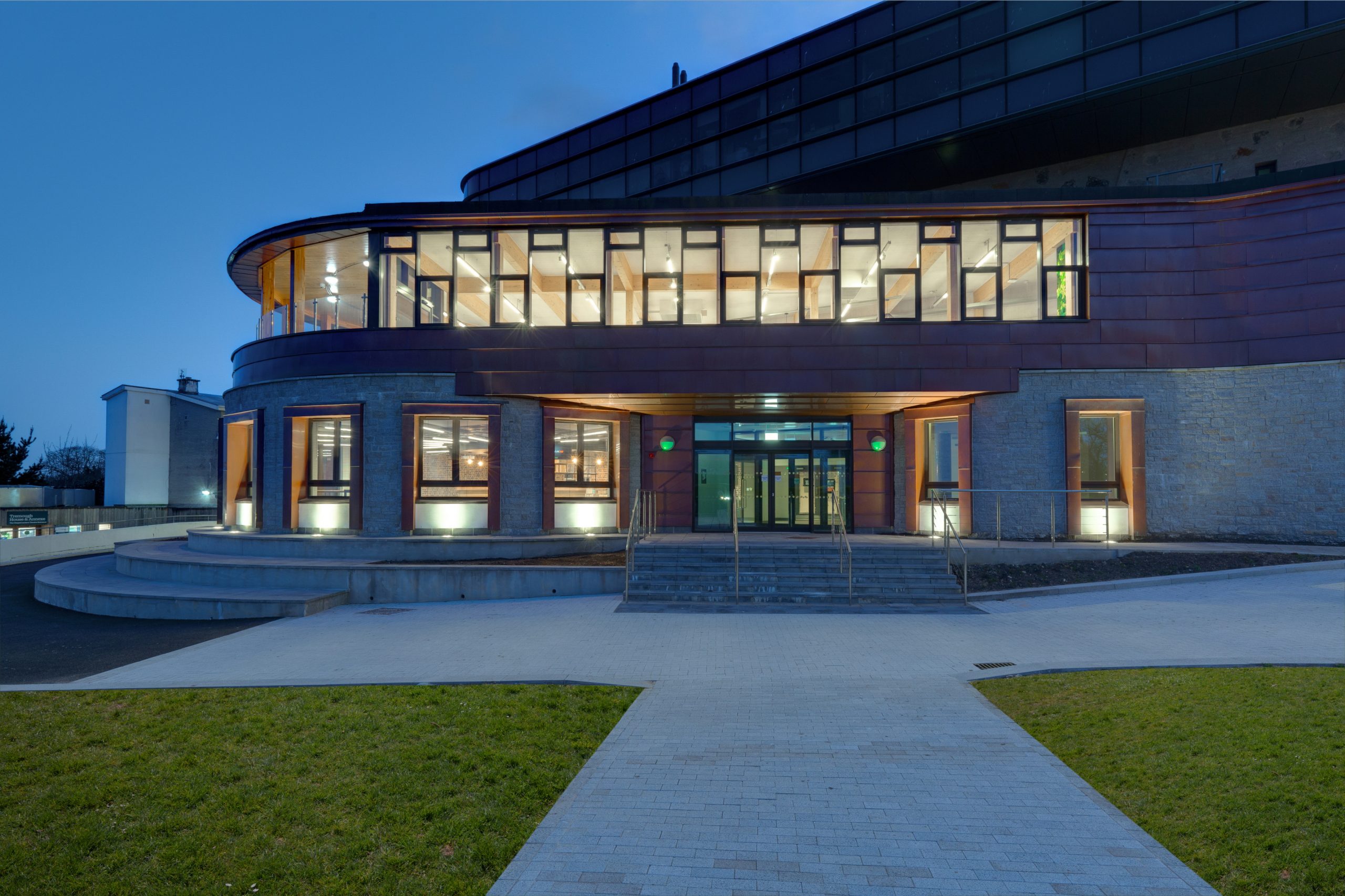 Exterior, nighttime shot of a lit up Stannary Bar