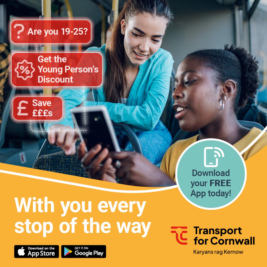 Transport for Cornwall 19-25 ticket promotional graphic to download the Transport for Cornwall app.
