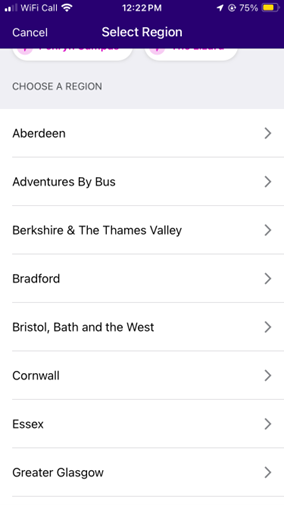Screen shot of the First Bus app showing users to select 'Cornwall' from the list of regions.