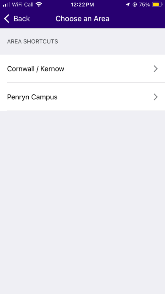Screen shot of the First Bus app showing users to select 'Penryn Campus' from the area drop down.