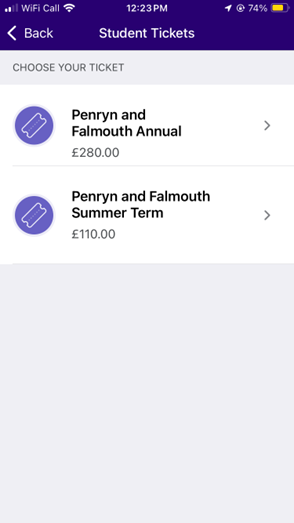 Screen shot of the First Bus app showing users to select 'Penryn and Falmouth Summer Term' bundle option.