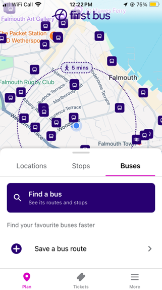 Screen shot of the First Bus app to purchase a ticket, showing to select the 'buy' button at the top of the screen.