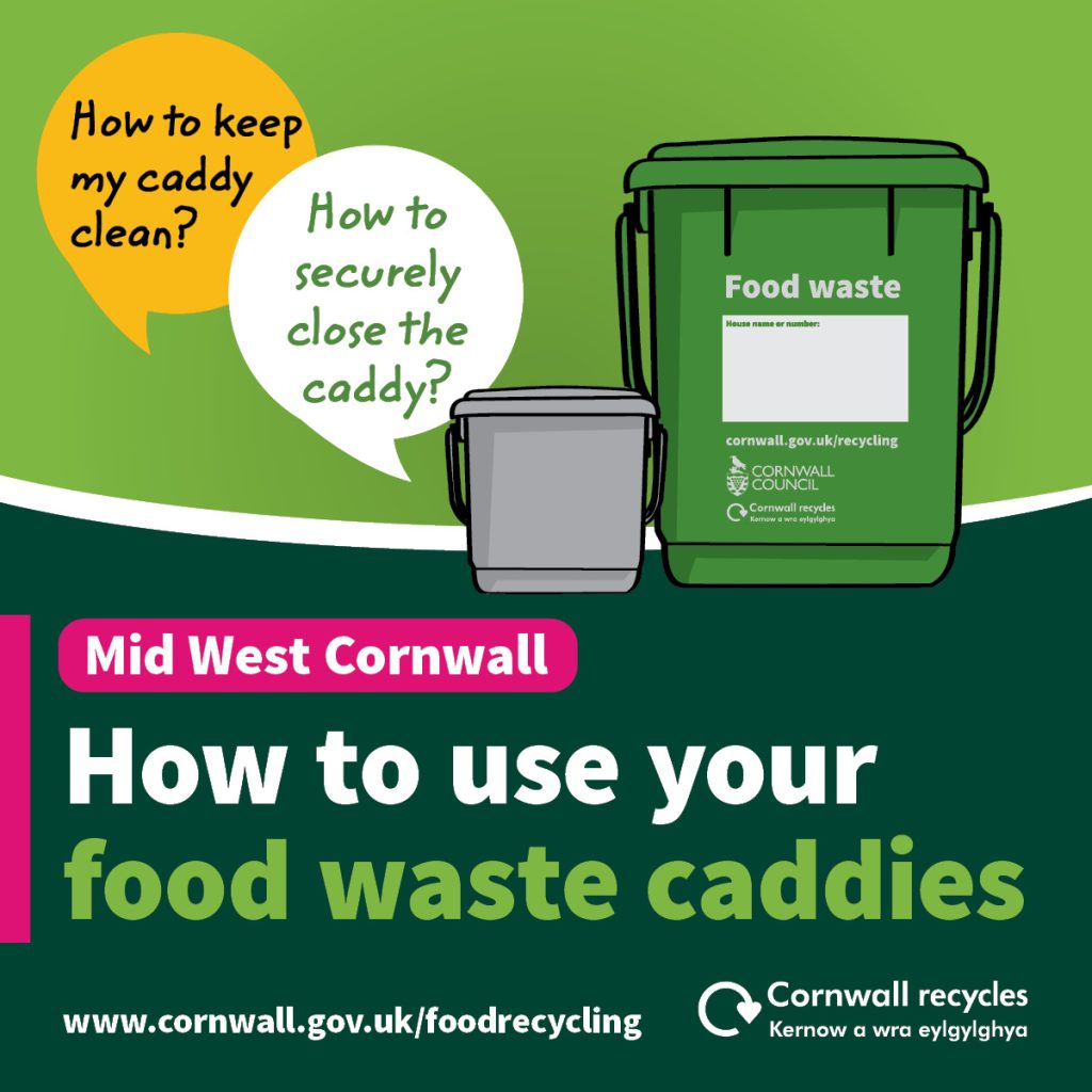 Graphic showing how to keep your food waste caddy clean using liners and how to securely close the caddy using the handle to lock it closed.