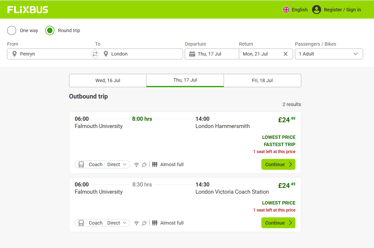 A screenshot of the Flix Bus website and booking a coach ticket from Penryn Campus to London hammersmith for £24.49 each way.