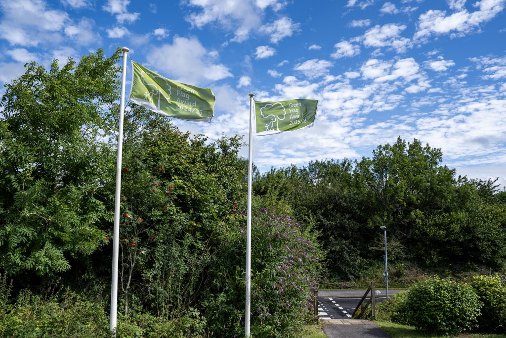 Photo of the green flags flying in the wind at Penryn campus. The 2025-2026 flag proudly next to the 2024-2025 Green Flag award.