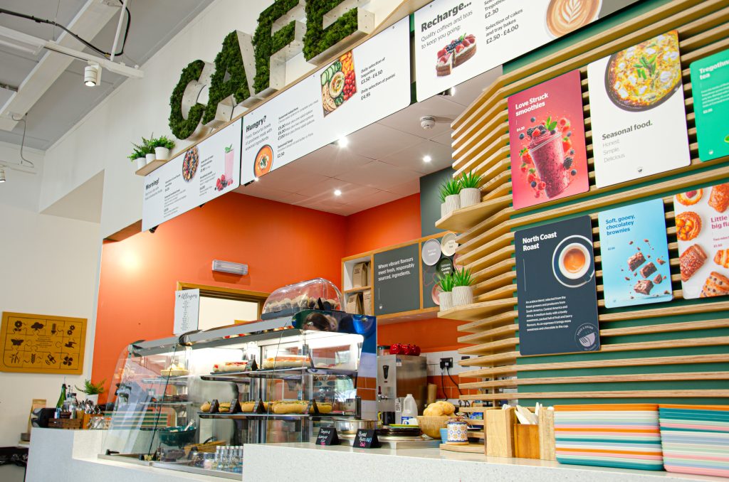 Image of the ESI Cafe front and wooden finishes.